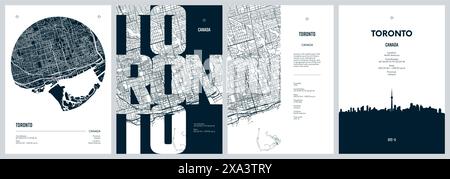 Serie di poster di viaggio con Toronto, mappa dettagliata della città, sagoma dello skyline della città, grafica vettoriale Illustrazione Vettoriale