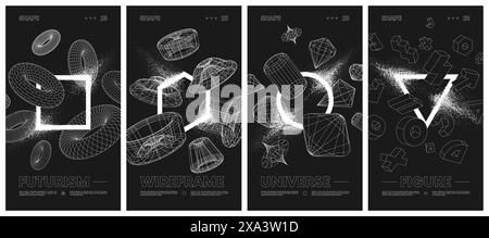 Forme geometriche con effetto spray di particelle, wireframe strane figure geometriche su sfondo nero, grafica di composizione contemporanea astratta V Illustrazione Vettoriale