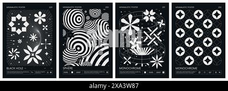 Poster minimalisti in bianco e nero stile acido con strani wireframe forme geometriche e silhouette y2k, design futuristico ispirano Illustrazione Vettoriale