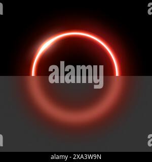 Cerchio al neon rosso con illustrazione vettoriale effetto glassmorfismo. Anello a LED luminoso astratto con vetro sfocato, cornice lucida e rotonda del laser per poster o. Illustrazione Vettoriale