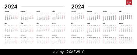 Calendario vettoriale minimalista 2024 in stile classico, due opzioni con inizio settimana domenica e lunedì, anno di lavoro o di pianificazione aziendale, versione inglese Illustrazione Vettoriale