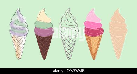 Questa immagine raffigura cinque diversi coni di gelato in vari gusti. I coni sono disegnati in uno stile semplice e cartoni animati e sono collocati su uno sfondo verde tenue. Illustrazione Vettoriale