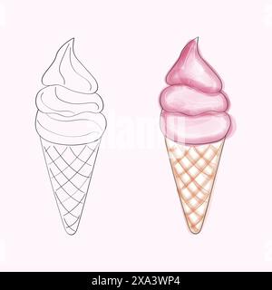 Questa immagine mostra un disegno digitale di un cono di gelato. L'immagine include un contorno in bianco e nero sul lato sinistro e una versione a colori sulla destra Illustrazione Vettoriale