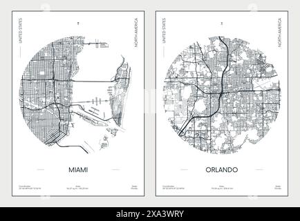 Poster di viaggio, mappa urbana della città di Miami e Orlando, illustrazione vettoriale Illustrazione Vettoriale