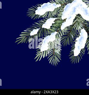 acquerello albero di Natale nella neve, disegno a mano di rami di abete verde, ramo di pino naturale isolato su sfondo blu, albero di foresta invernale il Foto Stock