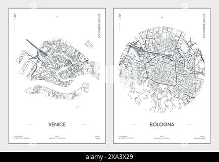 Poster di viaggio, mappa urbana della città Venezia e Bologna, illustrazione vettoriale Illustrazione Vettoriale