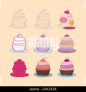 Un'illustrazione digitale con nove cupcake con ciliegie in cima. Ogni cupcake si trova in una fase diversa di completamento, da un semplice contorno a un colore completo Illustrazione Vettoriale