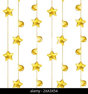 Motivo acquerello senza cuciture con giocattoli sull'albero di Natale, palle d'oro lucido, ghirlande di perline glitter dorate, stelle dorate lucide, illustrazione con Christm Foto Stock