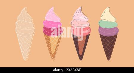 Questa immagine raffigura quattro coni di gelato colorati, ciascuno con una diversa combinazione di sapori, su un caldo sfondo arancione Illustrazione Vettoriale