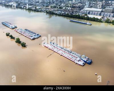 Mannheim, Germania. 5 giugno 2024. Le navi sono ancorate con l'alta marea nel mezzo del Reno, che ha scoppiato le sue sponde vicino allo stabilimento BASF (vista aerea con un drone). Credito: Boris Roessler/dpa/Alamy Live News Foto Stock