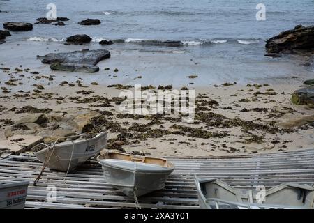 Gordons Bay, Sydney, Australia, i gommoni in alluminio si sollevarono e si legarono a una rampa di legno a solchi sulle rocce della spiaggia Foto Stock