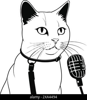 gatto con un collare che canta su un microfono. Illustrazione di cartoni animati vettoriali adatta per poster, brochure, Web, mascotte, adesivi, logo e icona. Illustrazione Vettoriale