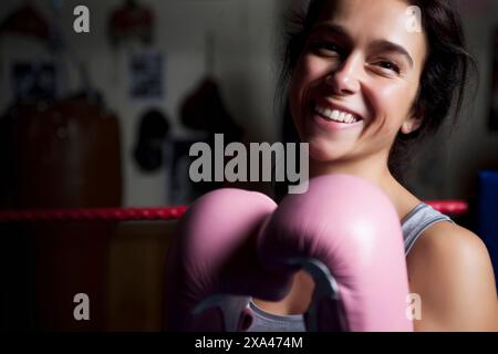 Donna che indossa guanti da boxe rosa sorridente Foto Stock