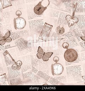 Motivo monocromatico senza cuciture in stile vintage con chiavi, orologio da tasca, farfalle e vecchi giornali. Illustrazione ad acquerello disegnata a mano. Foto Stock