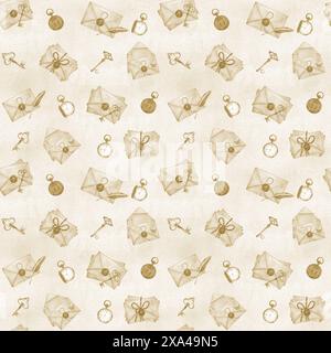 Motivo monocromatico senza cuciture con tasti, orologio da tasca, confezione di buste e lettere. Sfondo vintage. Illustrazione ad acquerello disegnata a mano. Per textil Foto Stock