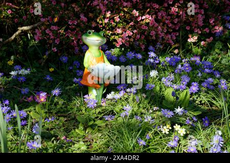 Una statuetta a forma di rana, in mezzo ai fiori del giardino, in primavera. Foto Stock