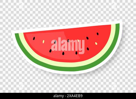 Una fetta di anguria su sfondo trasparente. Un adesivo con una fetta di anguria e un'ombra. Illustrazione Vettoriale