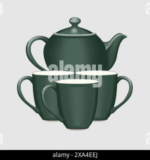 Set da tè in ceramica con tre tazze e teiera. Illustrazione vettoriale isolata. Illustrazione Vettoriale