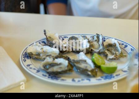 Un piatto di ostriche fresche con una fetta di lime viene servito su un tavolo, con uno sfondo sfocato che raffigura una persona. Foto Stock