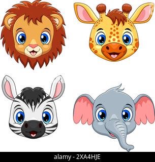 Set da collezione cute Animal Face. Leone, Giraffa, Zebra ed Elefante Illustrazione Vettoriale