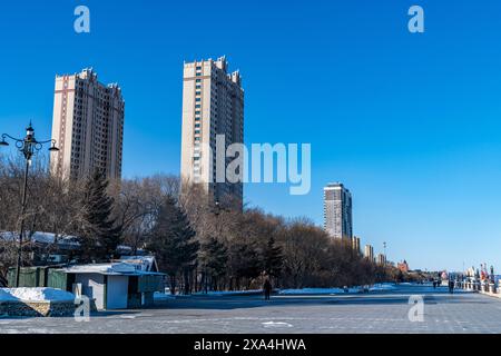 Alti edifici sulle rive del fiume Amur, Heihe, Heilongjiang, Cina, Asia Copyright: MichaelxRunkel 1184-10358 DATA RECORD NON DICHIARATA Foto Stock