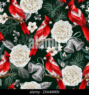 Motivo senza cuciture con elementi natalizi come abete, uccelli rossi, fiori. Vettore. Illustrazione Vettoriale