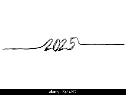 Line art, lettering 2025, Capodanno, , un disegno continuo. per cartolina Illustrazione Vettoriale
