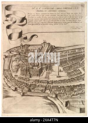 Progetto della città di Roma - dedica a Camillo Pamphili, al Vaticano e parte delle mura cittadine di Antonio tempesta nel 1645 Foto Stock