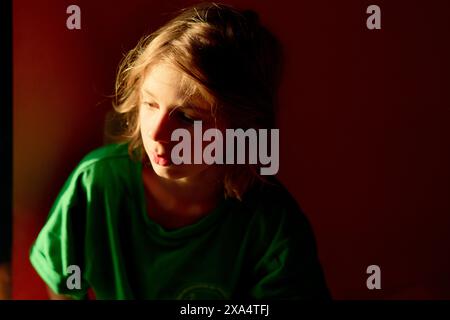 La giovane ragazza con una camicia verde guarda verso il basso con un'espressione premurosa in una stanza delicatamente illuminata. Foto Stock