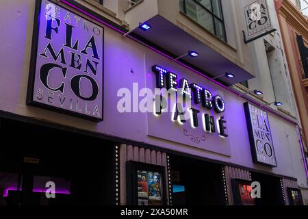 Siviglia, Spagna. 4 febbraio 2024 - Viola Neon Sign on Flamenco Theater, Teatro Pathe Foto Stock