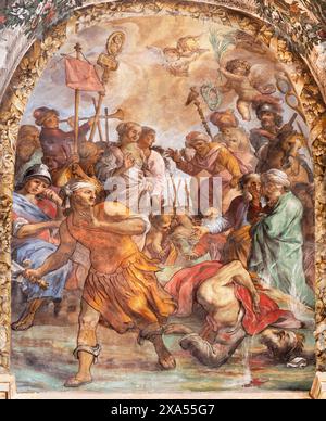 PERUGIA, ITALIA - 18 MAGGIO 2024: L'affresco barocco della decapitazione di San Paolo Apostolo nella chiesa di San Ercolano Foto Stock