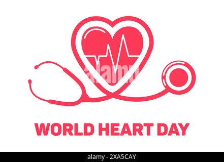 Giornata mondiale del cuore. Concetto di stetoscopio, elettrocardiogramma, cardiologia. ECG, impulso cardiaco con linee tracciate. Battito cardiaco, cardiogramma, segnale d'onda. assistenza sanitaria Illustrazione Vettoriale