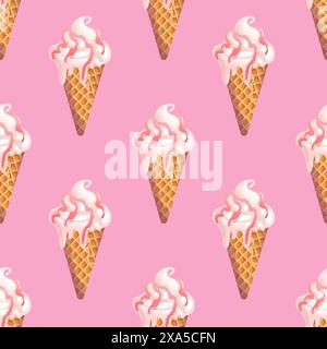 Gelato cremoso alla vaniglia in un cono per waffle con salsa di frutti di bosco o frutta. Motivo senza cuciture. Dessert freddo estivo. Dolci deliziosi, cibo realistico Illustrazione Vettoriale