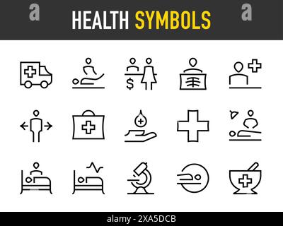 Icone dei simboli di integrità. Ambulanza, reparto fatturazione, area personale sanitario, pronto soccorso, servizi sanitari, in Patient, Intensive, Medical Laboratory, MRI PET Illustrazione Vettoriale