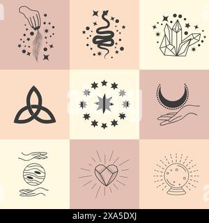 Set di simboli magici, pattern celeste senza cuciture. Simboli astrologici, magici ed esoterici. Illustrazione Vettoriale