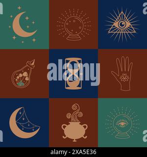 Set di simboli magici, pattern celeste senza cuciture. Simboli astrologici, magici ed esoterici. Illustrazione Vettoriale