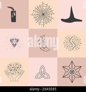 Set di simboli magici, pattern celeste senza cuciture. Simboli astrologici, magici ed esoterici. Illustrazione Vettoriale
