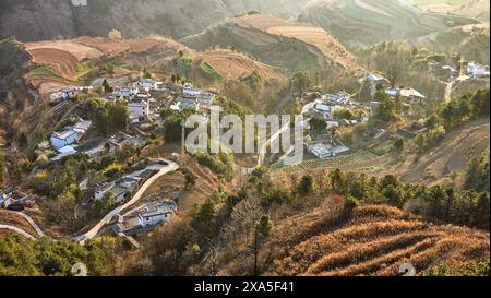 Una vista aerea di Damakan nel distretto di Dongchuan, Kunming City, Yunnan, Cina Foto Stock