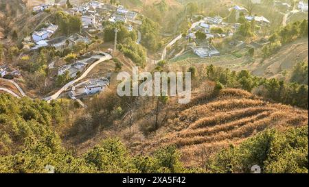 Una vista aerea di Damakan nel distretto di Dongchuan, Kunming City, Yunnan, Cina Foto Stock