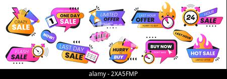Set di badge dell'ultima volta o con offerta limitata. Adesivi promozionali con sveglia, calendario, conto alla rovescia o icona megafono. Vendite calde, offerte speciali, icone "solo giorno e affrettati". Etichetta di sconto per gli acquisti Illustrazione Vettoriale