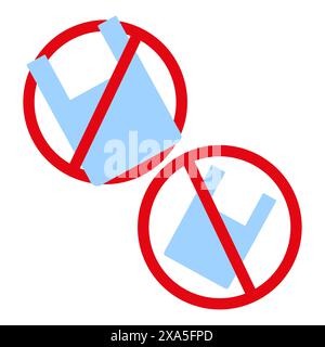 Niente sacchetti di plastica. Simbolo di divieto rosso. Icona blu del sacchetto di plastica. Illustrazione vettoriale. Illustrazione Vettoriale