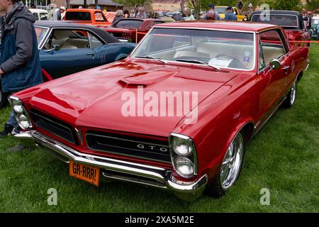 Una Muscle car Pontiac GTO restaurata nel 1965 al Moab Rotary Car Show di Moab, Utah. Foto Stock