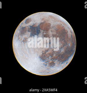 Una luna minerale che splende sopra la terra in una vista a livello del suolo, catturata con una fotocamera Foto Stock