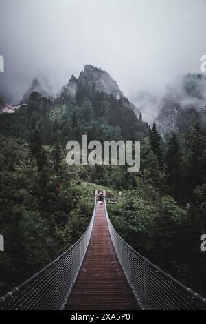 Un ponte sospeso sopra una foresta di montagna verde nebbiosa Foto Stock