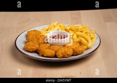 Un primo piano di deliziose pepite di pollo fritte e patatine fritte servite su un piatto Foto Stock