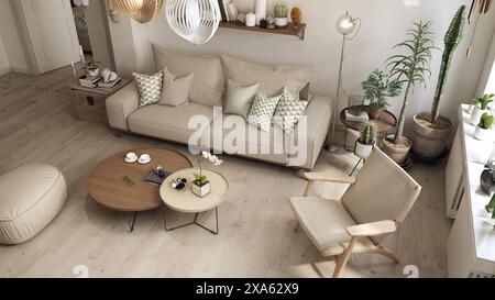 Gli interni del soggiorno sono stati progettati in modo eclettico combinando stili scandinavi, giapponesi e boho. Il legno e i tessuti intrecciati creano un insieme coeso. Foto Stock