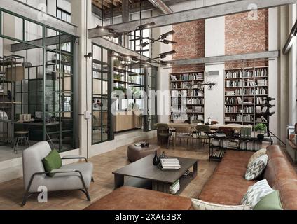 Appartamento loft moderno e spazioso, progettato come interno open space con soggiorno, sala da pranzo, camera da letto separata, cucina, home Office e bagno Foto Stock