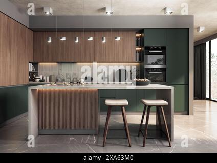 Una cucina moderna e spaziosa con un'isola indipendente. Le facciate di legno e verde scuro degli armadi da cucina sono combinate con pietra grigio chiaro. Foto Stock