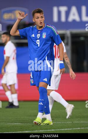 Bologna, Italia. 4 giugno 2024. L'Italia Mateo Retegui durante un'amichevole di calcio tra Italia e Turchia allo stadio Renato Dall'Ara di Bologna, 4 giugno 2024. Crediti: Insidefoto di andrea staccioli/Alamy Live News Foto Stock