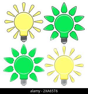 Set di illustrazioni a colori con lampadine, raggi e foglie, energia verde, energia solare. Oggetti vettoriali isolati su sfondo bianco. Illustrazione Vettoriale